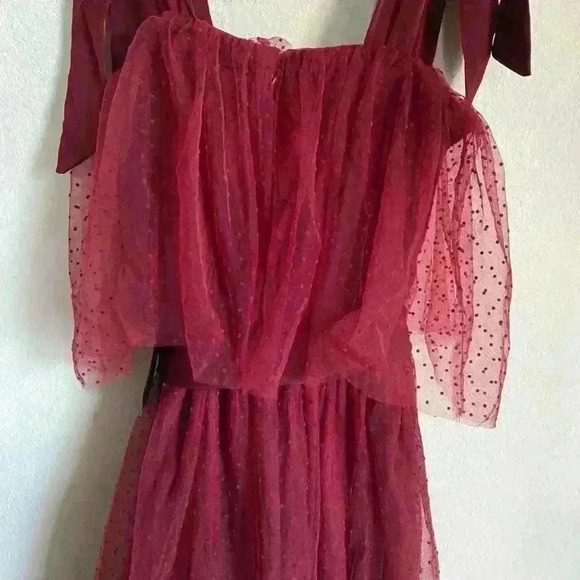 Lulu’s Lovely Influence Wine Red Tulle Swiss Dot Tie-Strap Coquette Midi Dress L - Picture 8 of 13